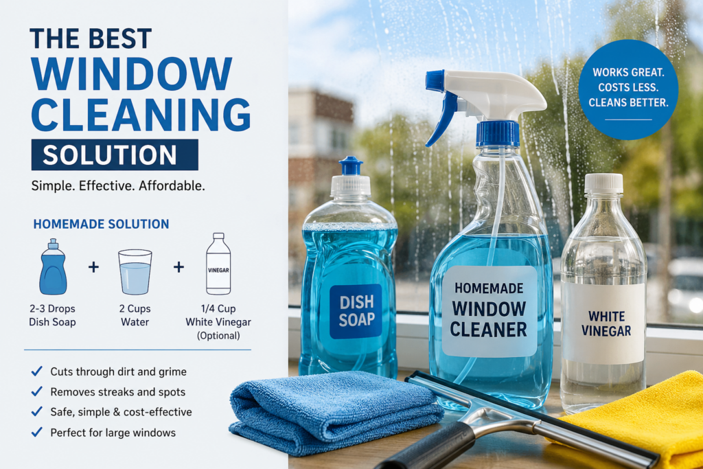 Homemade window cleaning solution with dish soap, water, and white vinegar alongside professional window cleaning tools for streak-free commercial and residential glass cleaning.