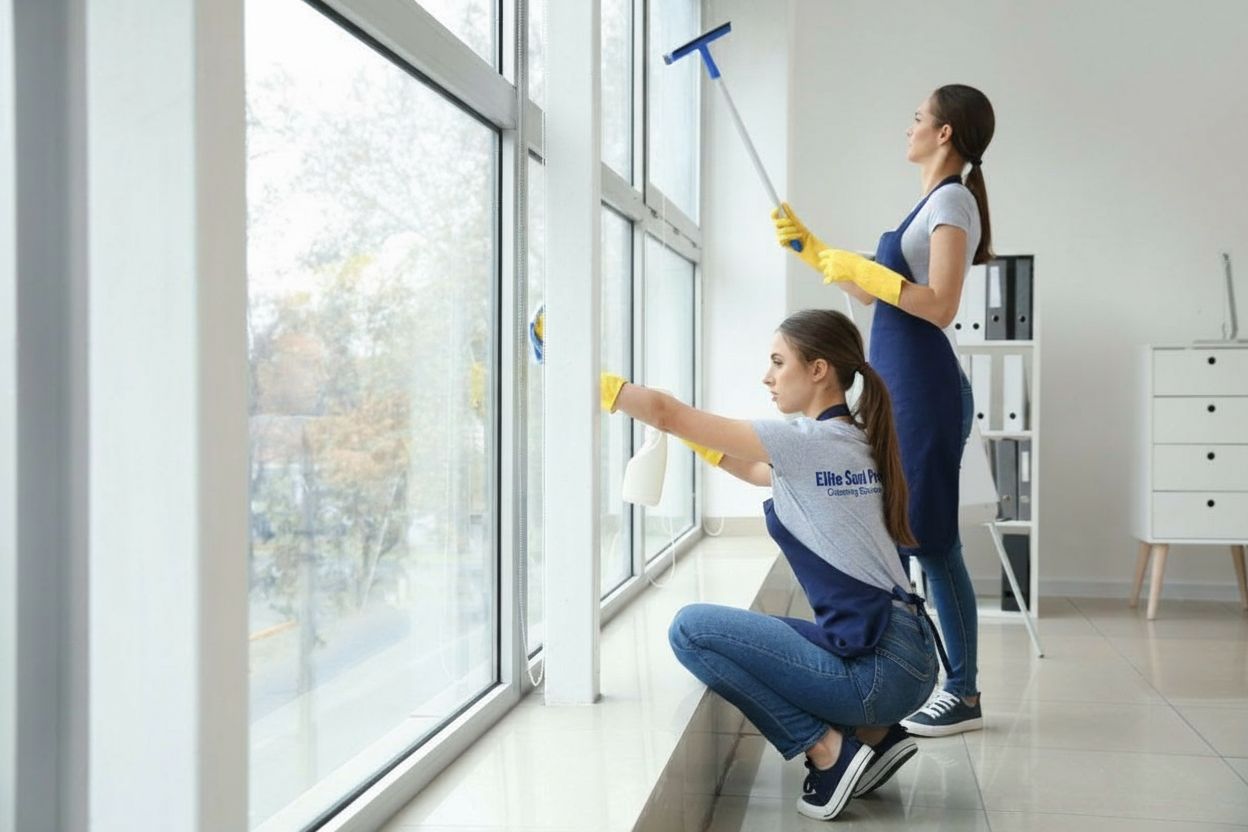 Two Elite Sani Pro team members working together to thoroughly clean large windows in a bright office environment.