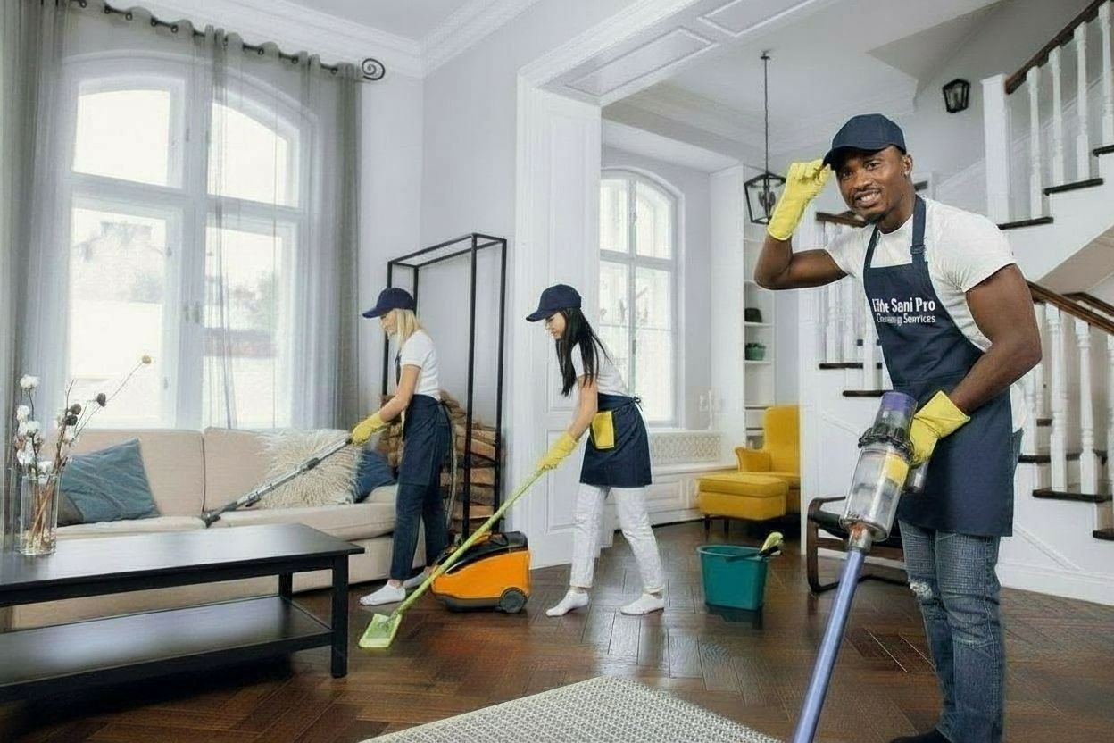 Elite Sani Pro cleaning team using professional vacuums and mops to sanitize a modern residential condo living area.