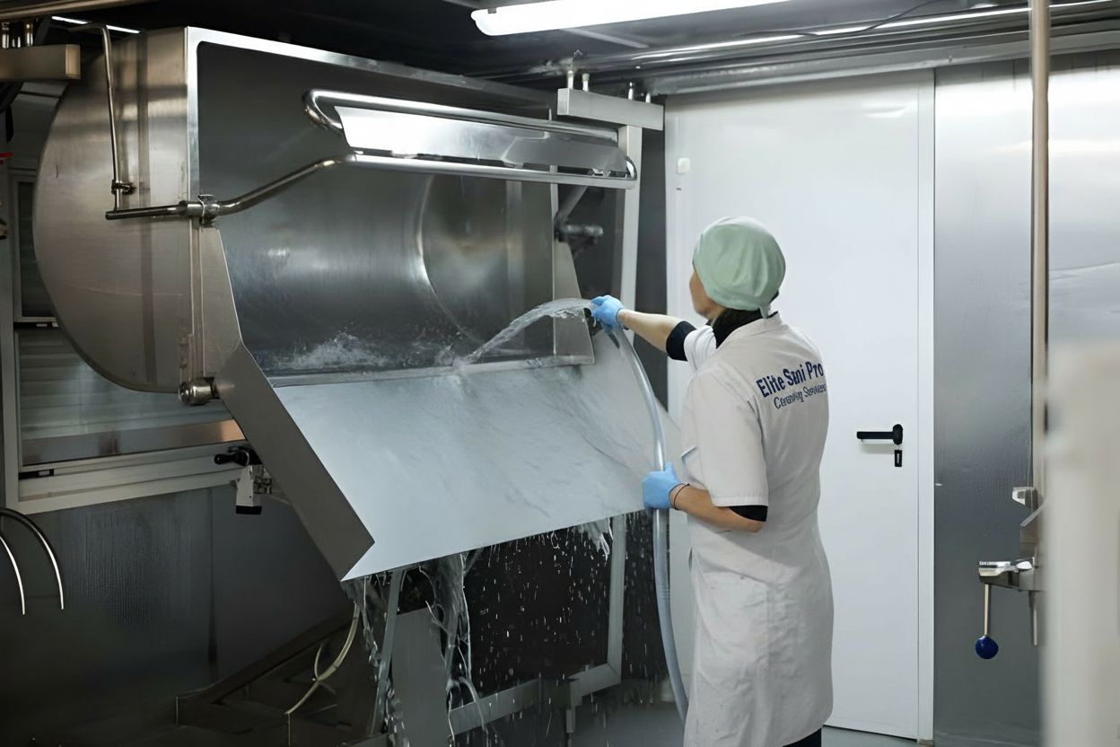 Elite Sani Pro cleaning professional in protective gear pressure washing stainless steel food production equipment in a manufacturing facility.