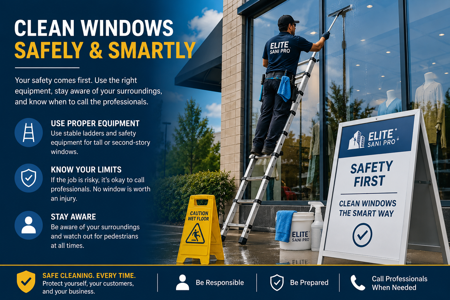 Professional window cleaner using proper ladder safety equipment while cleaning a commercial storefront window with caution signage and safety measures in place.