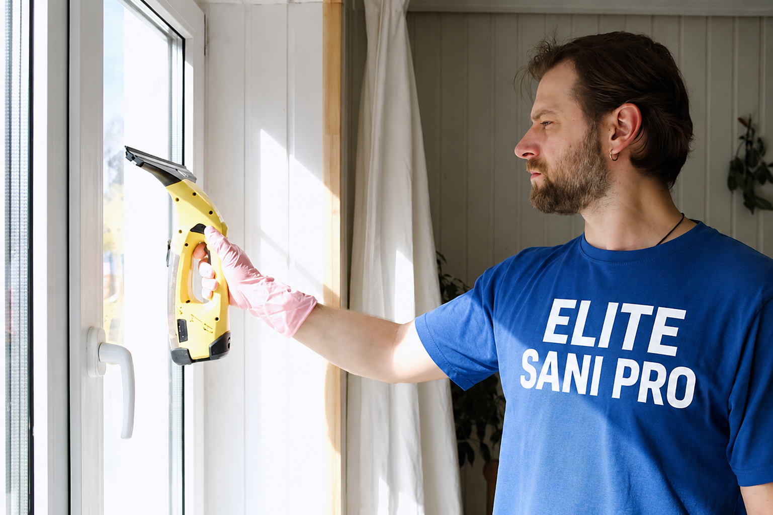 Professional residential window cleaner wearing a blue Elite Sani Pro shirt while cleaning indoor glass windows using a handheld window cleaning tool.